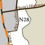 Close up of N28 on the Pennsic map, showing the new road, Escar's Edge.